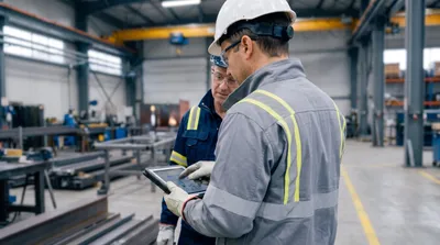 Two workers in safety gear review a tablet inside an industrial workshop.
